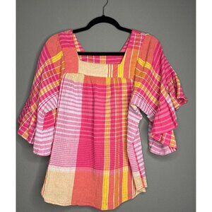 Beachlunchlounge Collection Plaid Boho Flowy Naomi Blouse Women's Medium